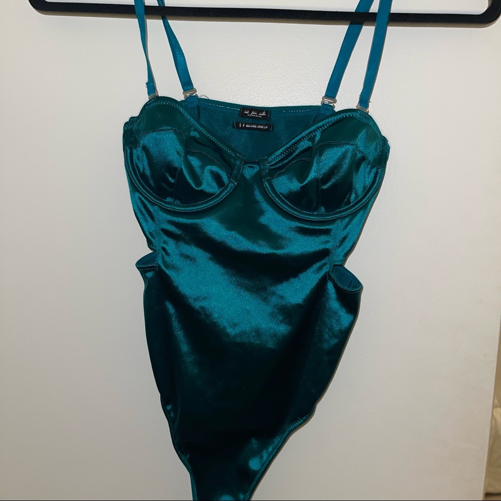 Dark turquoise satin bodysuit from UO